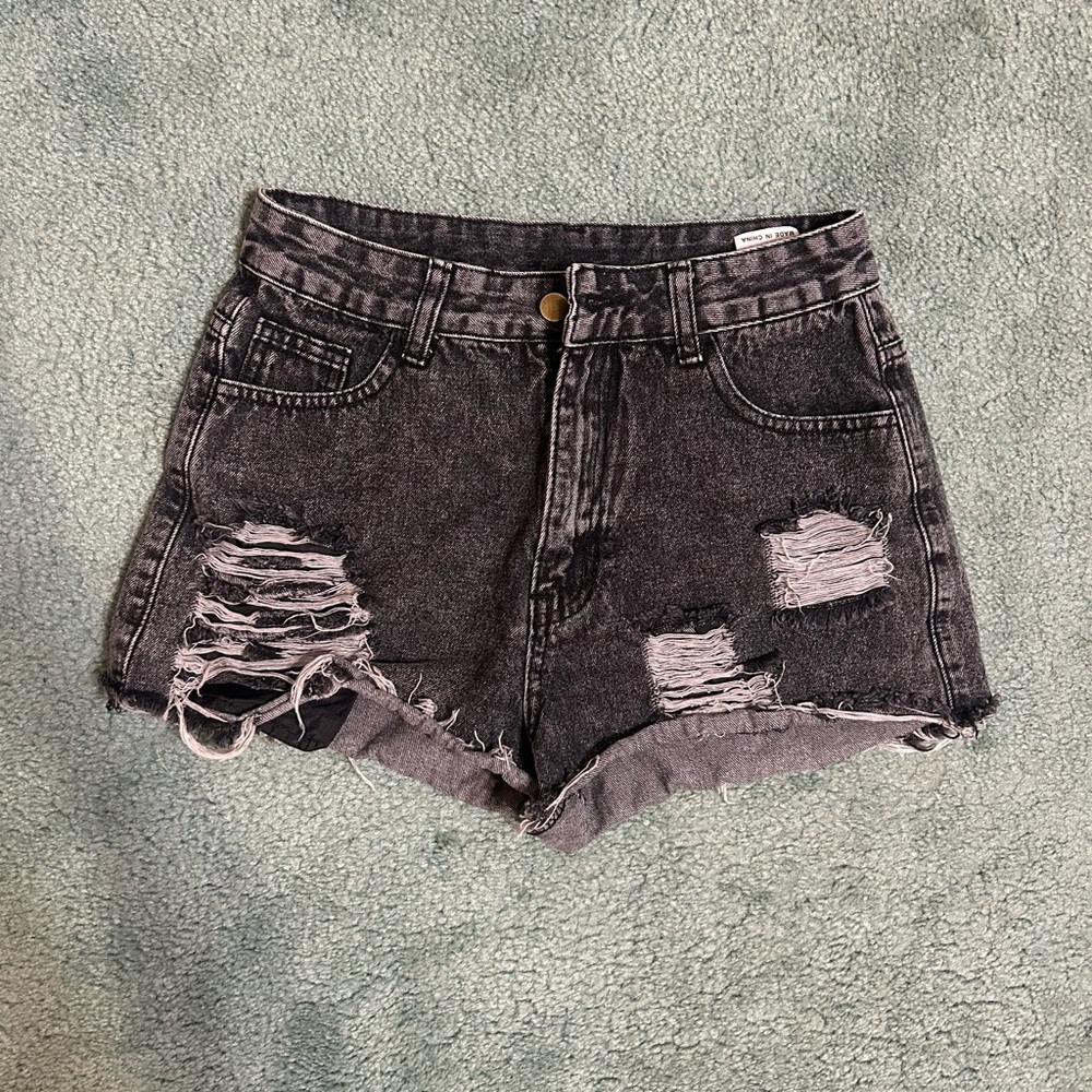 SHEIN Black Distressed Jean Shorts High-Waisted Raw Hem